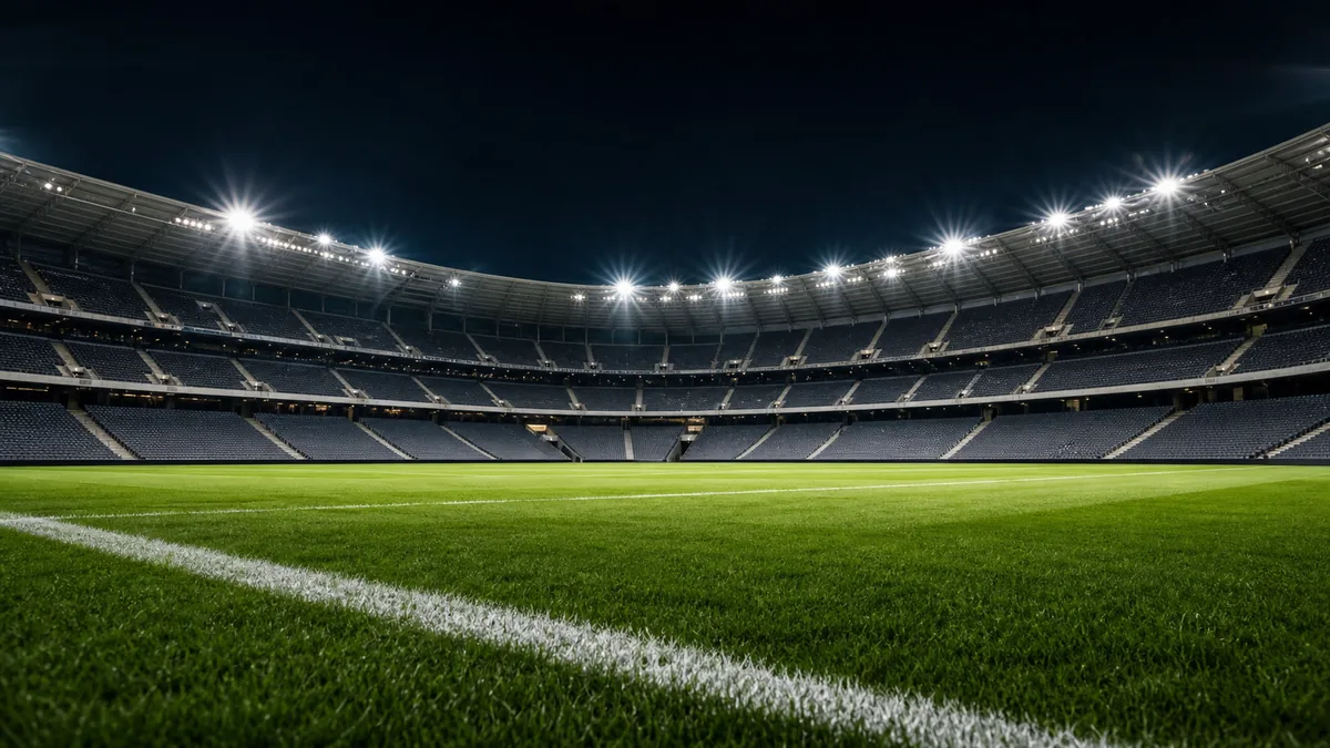 Estadio de fútbol iluminado de noche, sin jugadores ni marcas visibles.